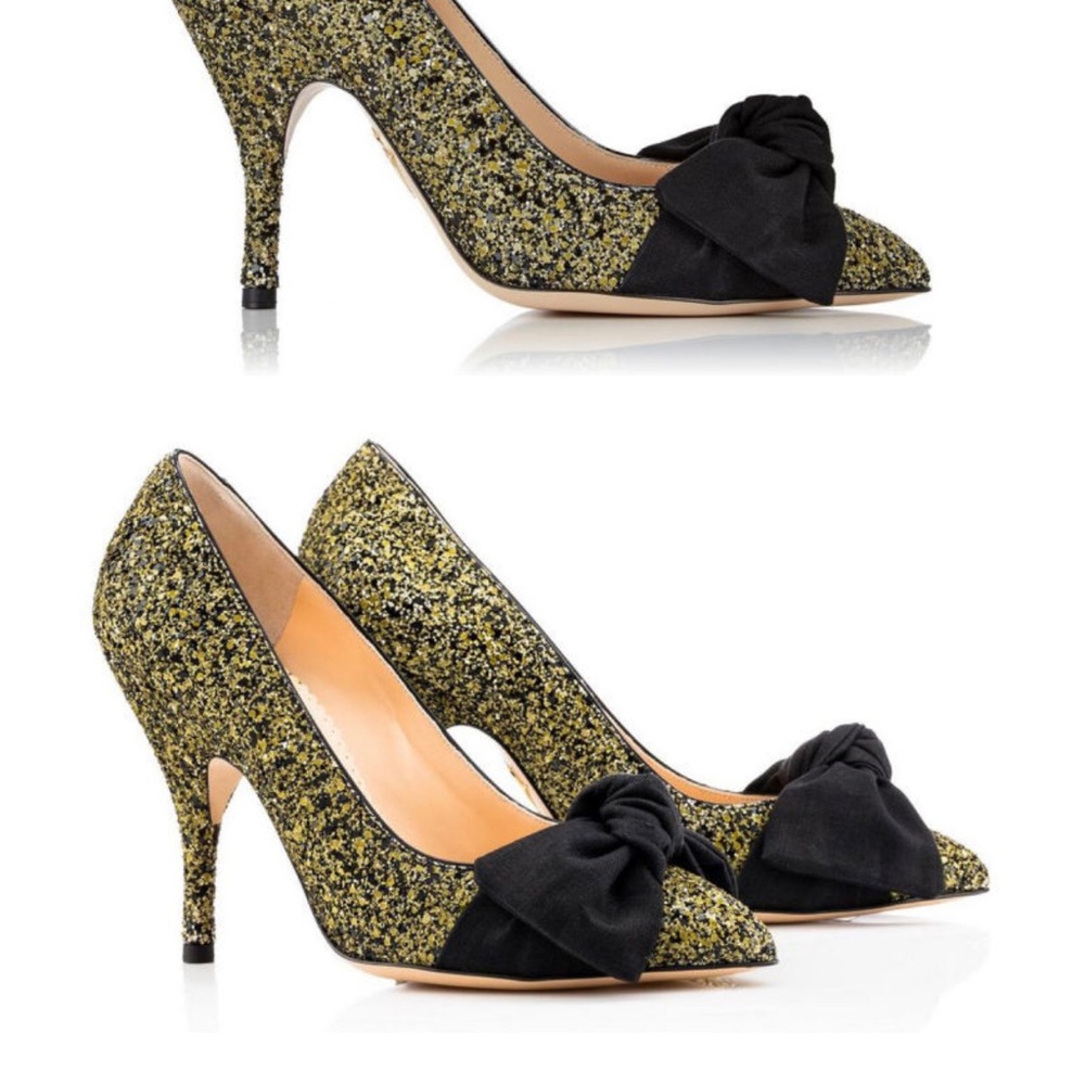 Charlotte Olympia ETTA Green Glitter Heels with Black Bow 39